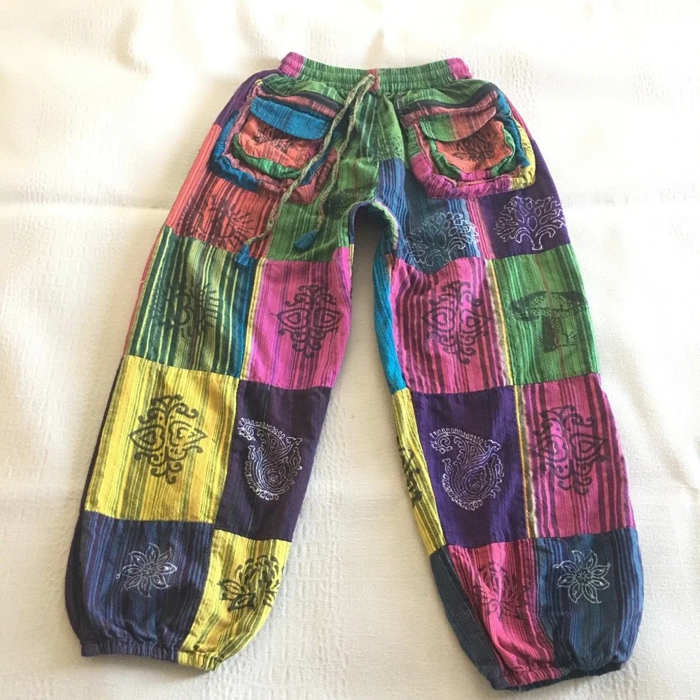 Harem Patchwork Baggy Hippie Pants with Big Box Pockets Size Small Boho - Picture 1 of 15